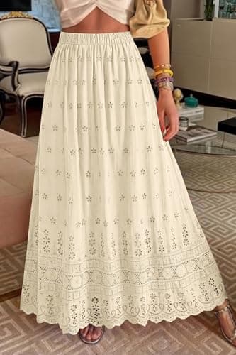 dowerme Women Summer Maxi Skirt Cute Elastic High Waist Boho Eyelet A-Line Cotton Flowy Long Skirts Spring Clothes 2026(Beige,Medium) - Thumbnail 2