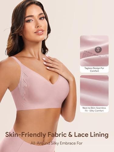 Angelhood Bra for Women No Underwire Seamless Full Coverage Bralettes Lace Edge Ultra Comfort Support T-Shirt Bra Push Up Pink - Thumbnail 5