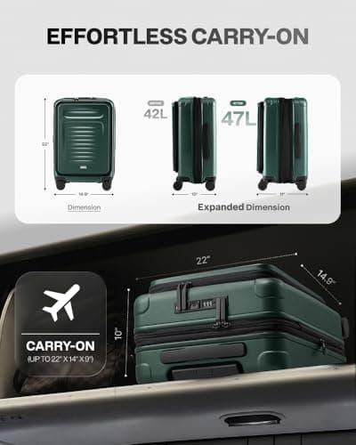 Coolife Carry On Luggage Suitcase : 22x14x9 Airline Approved Travel Luggage with Spinner Wheels, Front Pocket Expandable Hardshell Suitcases with TSA Lock Green - Thumbnail 3