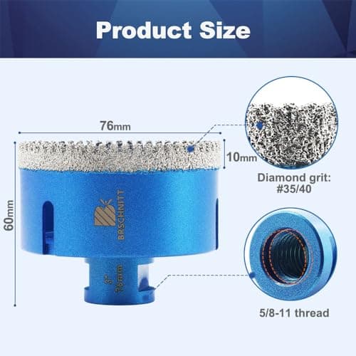 3 Inch Diamond Core Drill Bit for Porcelain Tile Ceramic Marble Granite Drilling,BRSCHNITT 1pc Vacuum Brazed Diamond Hole Saw with 5/8-11 Thread - Thumbnail 2