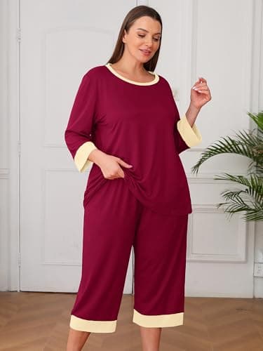 AusLook Women’s Plus Size Pajama Sets Burgundy 4X Soft 3/4 Sleeve Nightwear Top and Capri Pants Lounge Set with Pockets - Thumbnail 5