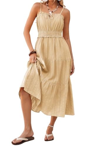Women's 2026 Summer Casual Midi Sundress Beach Vacation, Spaghetti Strap Sleeveless Dress, Flowy A Line Dress with Pockets Apricot - Image 1