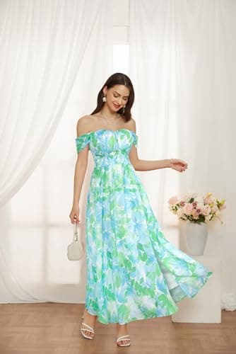 GRACE KARIN Summer Floral Dress for Women 2026,Off the Shoulder Smocked Bridesmaid Dresses,Formal Baby Shower Maxi Dresses Blue Green L - Thumbnail 3