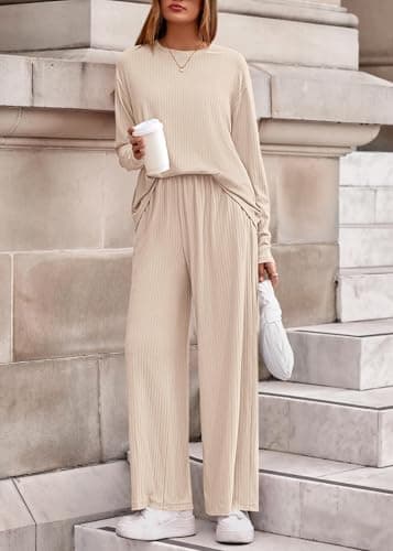 KIRUNDO Spring 2 Piece Lounge Sets for Women Long Sleeve Ribbed Knit Tops Wide Leg Pants Matching Travel Outfits Postpartum(Beige, X-Large) - Thumbnail 4