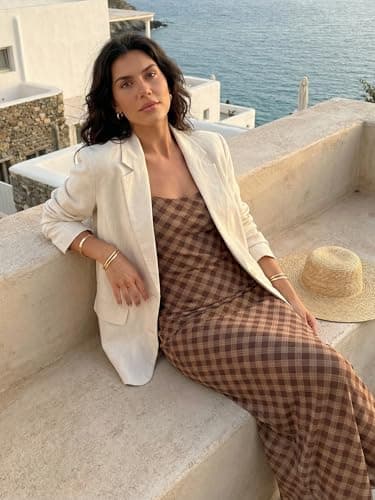 ZAFUL Womens Summer Maxi Dress Spaghetti Strap Mesh Stretch A Line Dresses 2026 Plaid Casual Sleeveless Beach Vacaion Slip Long Sundress Spring Clothing Brown Small - Thumbnail 3