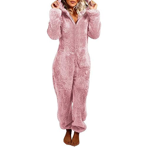 MUMUBREAL Womens Fleece Onesies Pajamas Jumpsuit Warm Sherpa Romper Sleepwear One Piece Zipper Hooded Playsuit Loungewear(Pink,L) - Image 1
