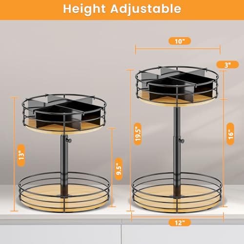 2 Tier Lazy Susan Turntable Organizer Adjustable - 12 Inch Snack Organizer Wood Rotating Spice Rack for Kitchen Countertop Pantry Cupboard Bathroom Coffee Bar Home Storage, Black - Thumbnail 3