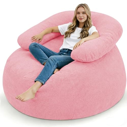 HABUTWAY Giant Bean Bag Chair, Oversized Beanbag Chair with Filler, Ultra Soft Teddy Fleece Bean Bag Lounge Floor Sofa w/U-Shaped Pillow for Gaming, Reading, Pink& Pink - Image 1