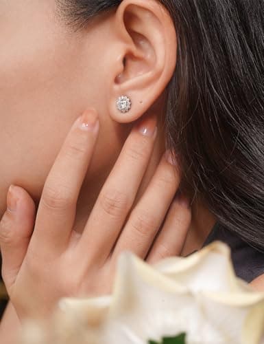 IMOLOVE Moissanite Stud Earrings Lab Created Moissanite Earrings in Sterling Silver Trendy Flower Halo Earrings for Women Men D Color Round Cut - Thumbnail 4