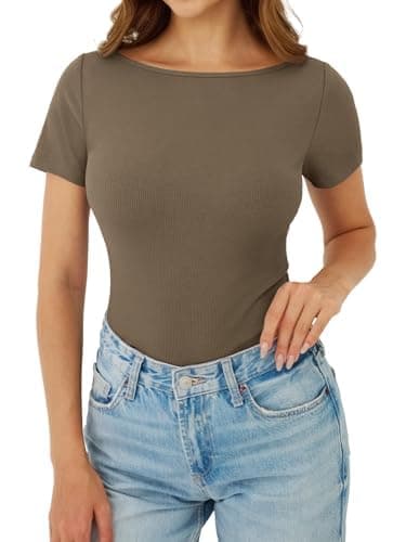 GKBK Boat Neck Tops for Women Ribbed Short Sleeve T-Shirts Slim Fitted Tight Compression Top Soft Y2K Basic Casual Going Out Tops for Spring Summer 2026 Trendy Fashion Outfits Brown - Image 1
