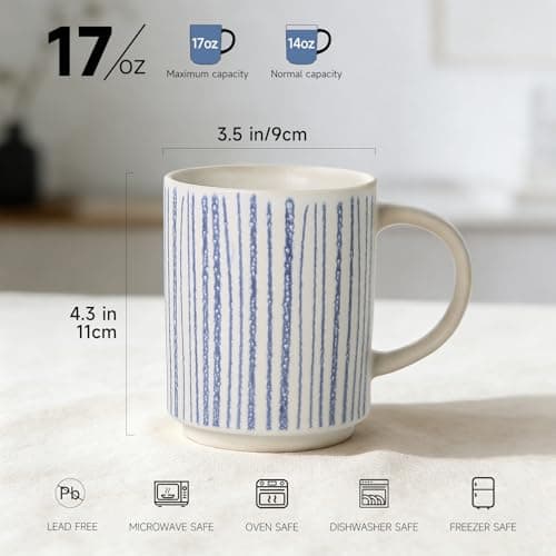ALOFMO Ceramic Mugs Set of 6, Modern 17oz Coffee Mugs, Stackable Coffee Cups with Handpainted Blue Stripe Pattern, Dishwasher and Microwave Safe Mugs for Home & Office - Thumbnail 2