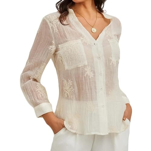 Women Roll Up V Neck Button Down Shirt Tunic Ladies Cotton See Through Embroideried Lightweight Boho Sheer Ivory Cream Off White Light Beige Ecru Elegant Shirts X-Large XL for Beach Holiday Vocation - Image 1