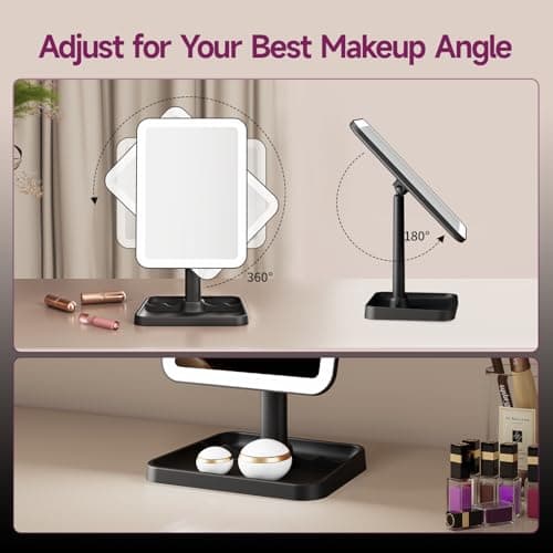 FUNTOUCH Vanity Mirror with Lights, Rechargeable 10X Magnification 3 Color Lighting Portable Tabletop Cosmetic Make Up Mirror, 360° Rotation Led Light up Mirrors with Storage,White - Thumbnail 5