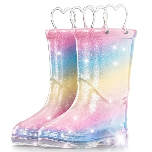 Funspread Girls Toddler Rain Boots - Glitter Light Up Kids Rain Boots with Easy-On Handles, Lightweight Waterproof Rain Shoes Glitter Sparkle Rainbow Size 5 - Image 1