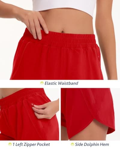 Running Shorts for Women - 3" Athletic High Waist Quick Dry with Liner Zipper Pockets for Workout Gym Red - Thumbnail 5