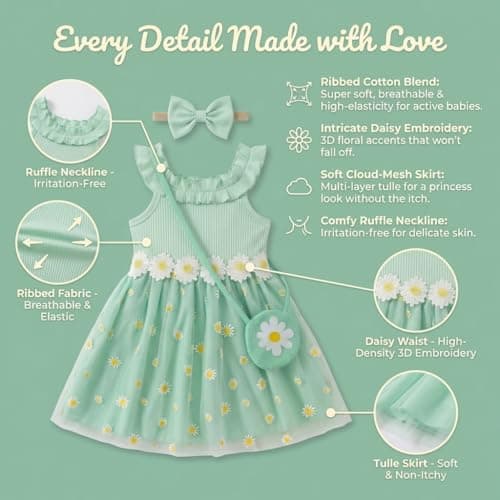 Toddler Girl Daisy Dress Set 3Pcs Ribbed Knit Tulle Sundress with Bag & Headband Cute Summer Floral Outfit for First Birthday Party Light Green 6-9Months - Thumbnail 6