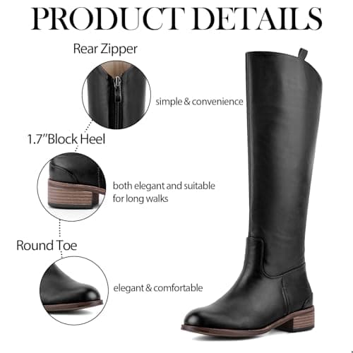 QIV Womens Black Knee High Boots – Round Toe Riding Boots with Low Block Heel, Back Zip, Long Tall Fashion Style for Fall & Winter Size 7.5 - Thumbnail 6