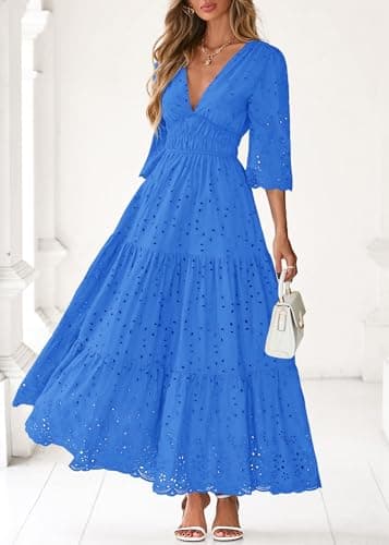 Lazysmile Long Sleeve Dresses for Women V Neck Hollow Out Eyelet Ruffle Swing A-Line Fall Vacation Boho Maxi Dress Dark Royal Blue - Thumbnail 5