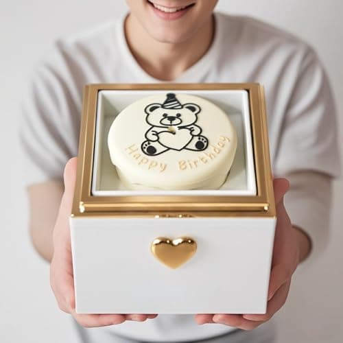 Rotating Ring Box for Proposal Engagement, Little Bear Cake Flip White Ring Box Wedding Day Birthday, Surprise Ring Bearer Proposal Box Necklace Bracelet Gift Ring Rotating Jewelry Box for Women &Man - Image 1