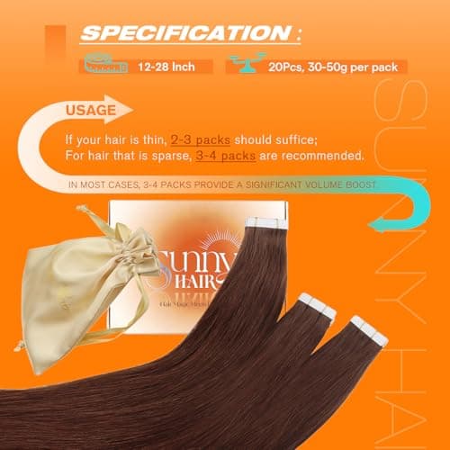 Sunny Hair Tape in Hair Extensions Real Human Hair Invisible Remy Hair Extensions Tape ins for Women Medium Manogany Brown 16 inch 20Pcs 50G - Thumbnail 5