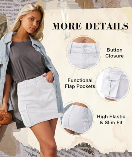 EARKOHA Women's Mini Cargo Skirt Y2K Button Low Waist Short Skirts Bodycon Denim Jean Skirt with Flap Pockets White XL - Thumbnail 4