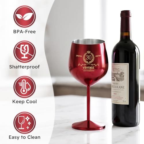TJ 30th Birthday Gifts for Women Vintage Engraved Wine Glass - 30th Birthday Stainless Steel Wine Glass Birthday Decorations For Women, 30 Year Old Birthday Gifts for Sister Friends Wife Aunt, Red - Thumbnail 4