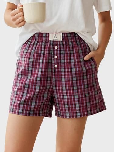 ANRABESS Shorts for Women 2026 Summer Casual Lounge Pajama Sleep Gingham Boxer Shorts Soft Comfy Beach Pj Bottoms Pockets Red Grey Plaid Large - Thumbnail 3
