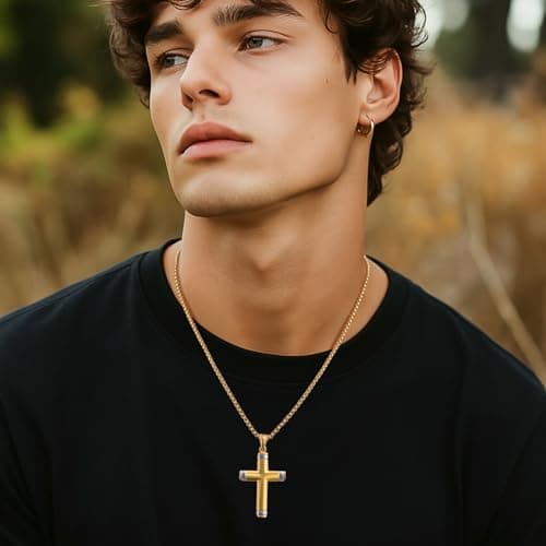 Stainless Steel Cross Necklace for Men, Silver Black gold plated Cross Pendant Jesus Necklace Chain, Non Tarnish Sturdy Mens Christian Jewelry Gifts for Him Baptism Confirmation Birthday, 24 Inch - Thumbnail 3