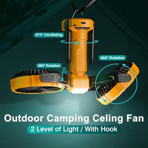WISFISSH 10000mAh Outdoor Camping Fan, Oscillating Battery Operated Tent Fan with LED Lantern, Dual Head Rechargeable Tent Ceiling Fan with Tripod & Hanging Hook - Yellow - Thumbnail 4