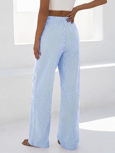 BTFBM Striped Wide Leg Pants for Women Spring Summer 2026 Drawstring Lounge PJ Beach Bottoms Casual Trousers Pockets(Light Blue, Small) - Thumbnail 3