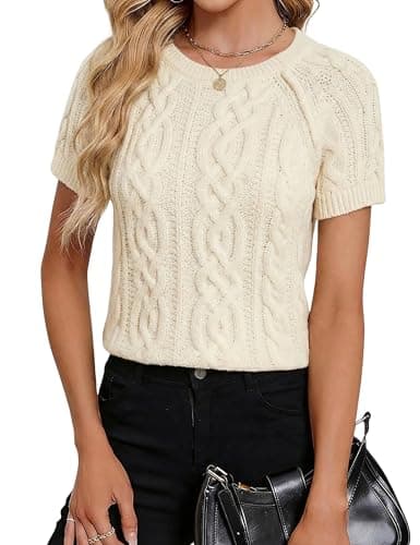 Tanming Womens Short Sleeve Cable Knit Sweater Crew Neck Lightweight Spring Summer Fall Tops Textured Shirts(Beige-S) - Image 1