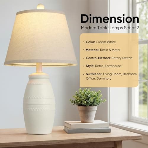 QiMH 21.5" Lamps Set of 2, Farmhouse Lamps for Living Room, Modern Table Lamp for Bedroom, Vintage Rustic Nightstand Lamp with Linen Shade, Retro Bedside Lamp for Office Home, White - Thumbnail 5
