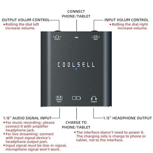 COOLSELL Audio Interface, Stereo 24Bit/192kHz USB C & iPhone Guitar Interface for Recording, Live Streams and Podcasting, Compatible with iPhone, iPad, Mac, Android and PC - Thumbnail 6