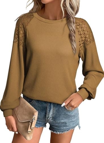 EVALESS Long Sleeve T Shirts for Women Loose Fit Spring Fall Dressy Casual Crewneck Waffle Knit Lace Patchwork Cute Tops for Women 2025 Trendy Basic Tee Outfits Clothes Brown Small - Image 1