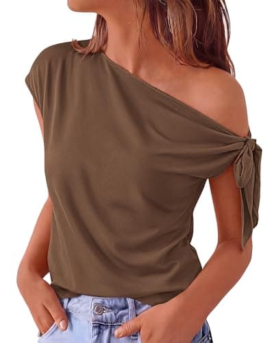 BTFBM 2026 Off The Shoulder Tops for Women Summer Shirts Short Sleeve Satin Blouses Silk Going Out Top Beach Vacation(Brown, XX-Large) - Image 1