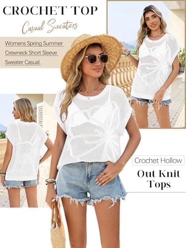 Bellcoco Beach Vacation Clothes for Women Summer Cruise Outfits Spring Short Cap Sleeve Sweaters Womens Sexy Crochet Hollow Out Resort Wear Tops 2026 Beach Coverups Flower White Medium - Thumbnail 6