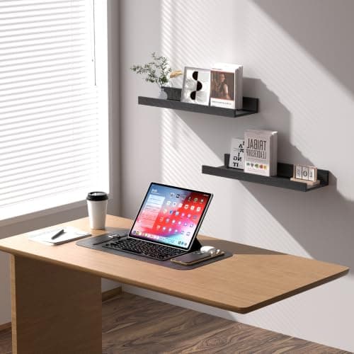 Modcraft Black Floating Shelves with Lip 16 Inch, Wall Mounted Picture Ledge Shelf for Bathroom & Bedroom, Rustic Wood Display Shelf for Photos, Frames & Collectibles, Set of 2 - Thumbnail 2