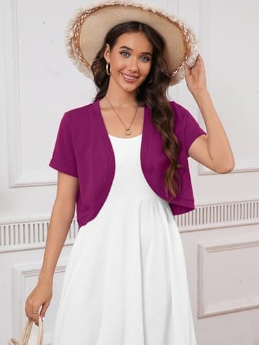 Heymoments Women's Short Sleeve Shrugs Magenta Large Lightweight V-Neck Open Front Cropped Cardigan Knitted Bolero Sweaters Elegant Dresses Cover Up - Thumbnail 3