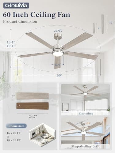 Glowivia 60 Inch Ceiling Fan with Lights and Remote, Smart APP Control, Dimmable with All-Setting Memory, Quiet DC Motor Reversible Blades, Damp Rated Modern Ceiling Fan for Bedroom Patio Living Room - Thumbnail 6