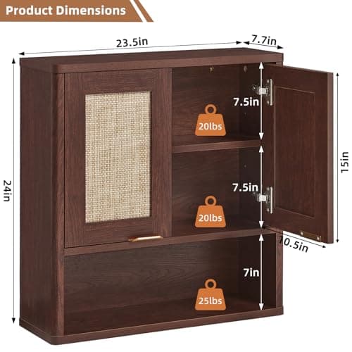 LEYAOYAO Rattan Bathroom Wall Cabinet, Boho Medicine Cabinet with Adjustable Shelf & Doors, Over The Toilet Storage Cabinets Organizer for Laundry Room, Kitchen, Living Room, Walnut - Thumbnail 2