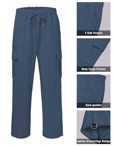 3rd hill Men's Fleece Cargo Sweatpants Loose Fit Cotton Joggers with 5 Pockets Open Bottom for Gym Hiking Casual Wear Navy Blue S - Thumbnail 4