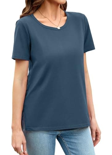 Herou Women Casual Summer Short Sleeve Tops T-Shirts Tees with Side Split Acidblue Large