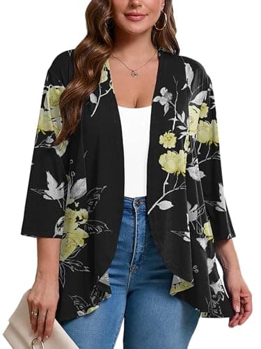 AusLook Women's Plus Size 3/4 Sleeve Lightweight Open Front Cardigan Black Golden Floral 2X Draped Ruffles Causal Cover Ups Shrugs Tops Shawls and Wraps Kimono Jacket Coat - Image 1