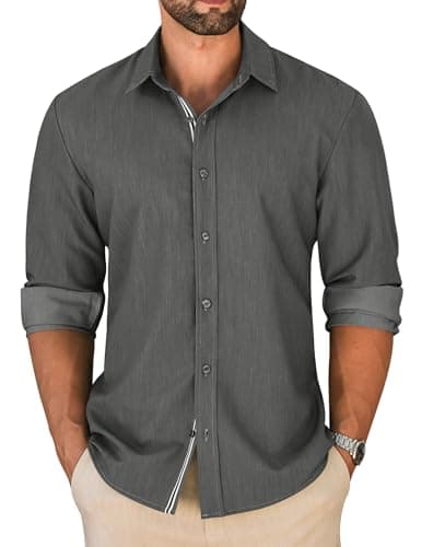 LETSEE Men's Button Down Dress Shirt Long Sleeve Untucked Business Casual Shirt Wrinkle Free Stretch Denim Texture - Image 1