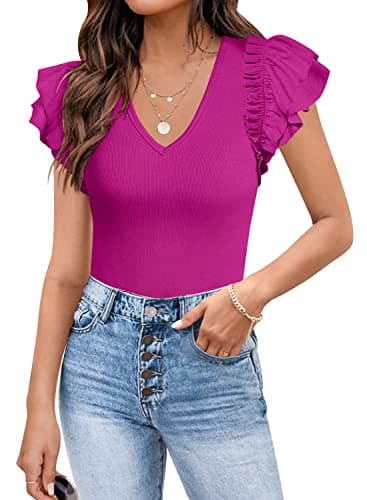 DOROSE Cute Summer Tops for Women Ruffle Sleeve V Neck Shirts Rose Red Large - Image 1