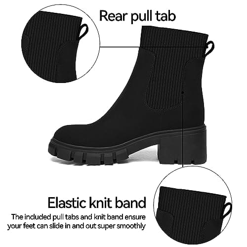 Athlefit Women's Black Chelsea Boots Fall Platform Ankle Boots Slip on Chunky Lug Sole Boots - Thumbnail 4