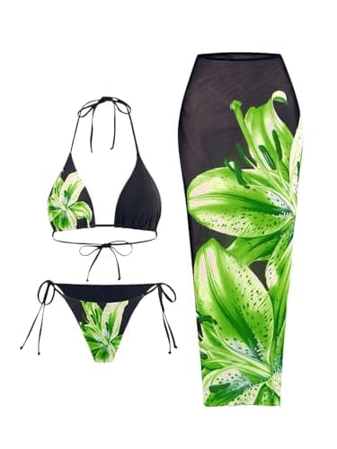 GORGLITTER Women's 3 Piece Bikini Set Floral Print Halter Top Swimsuits String Thong Bathing Suit with Beach Coverups Green Small - Image 1