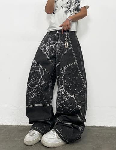 Men's Y2k Baggy Jeans Wide Leg Skater Pants Loose Fit Denim Pantalones Loose Long Trousers Streetwear Rock Black - Thumbnail 4