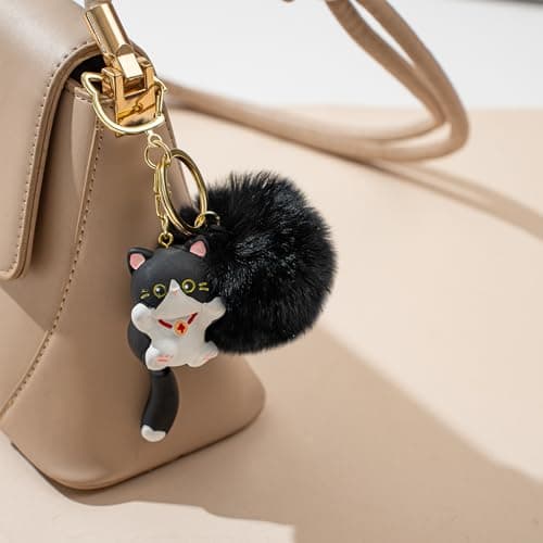 Jekvill Cat Keychain Pom Pom KeyChain Cute Keychains for Women Bag Charms Kawaii Cat Backpacks Accessories bag charms - Thumbnail 3