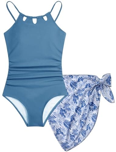 Girls Swimsuits Size 10-12 One-Piece Bathing Suits Hawaiian Trajes De Baño para Niñas Juniors Swim Cover Up Skirt Gray Blue Palm Kids Tropical Cut Out Adjustable Straps Quick Dry Modest Swimwear Set - Image 1